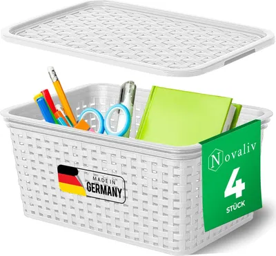 Produktbild von Novaliv 4er Set Elegante Aufbewahrungskörbe mit Deckel in Rattan-Optik | Weiß Lebensmittelecht Kunststoff 5L – für Büro und Zuhause. Vielseitige Kisten zur Aufbewahrung. Ideale Aufbewahrungsbox