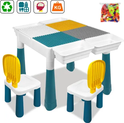 A children's building block table and chairs set with various colorful building blocks scattered around.