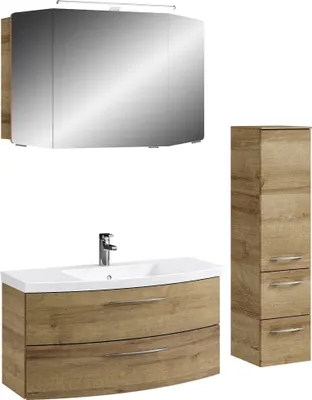 Produktbild von Badmöbel Set in Riviera Eiche CERVIA-66 mit Waschtisch, Spiegelschrank & Hochschrank, B/H/T: 148/200/50,5 cm