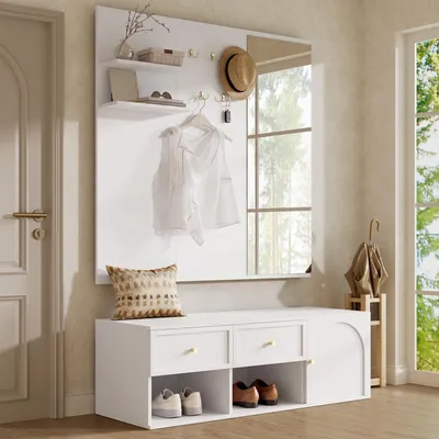Produktbild von Merax Garderobenset, Wandgarderobe mit Spiegel, Sitzbank, 5 Haken, Schubladen und Schuhablage, Garderobenständer, Flurmöbel mit Stauraum, Weiß