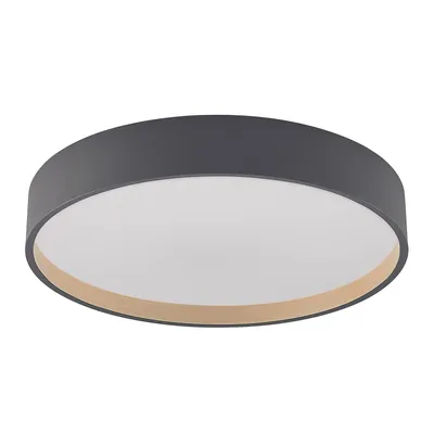 A round LED ceiling light with a dark gray rim and a light wood accent.