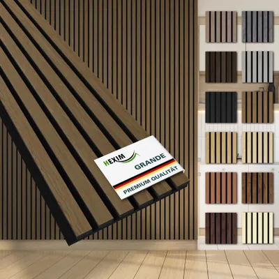Produktbild von HEXIM Akustikpaneele Musterstück Holz Grande - XXL Wandpaneele Platten Lamellen Holzpaneele Echtholzfurnier 21mm Filz Schalldämmung MDF Braun (Smoked Oak)