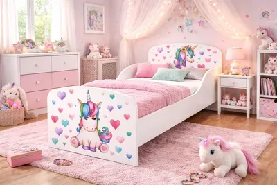 Produktbild von Bayagu Kinderbett 160x80cm aus MDF Matratze Lattenrost Rausfallschutz Einhorn