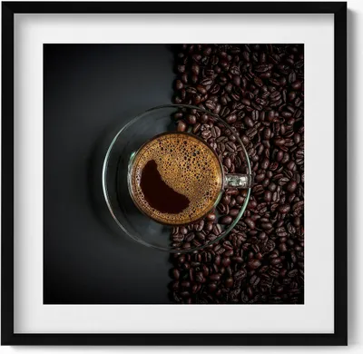 Produktbild von Kaffee und Bohnen– Wandbild mit Rahmen – Gerahmtes Bild  – Wanddekoration – 50x50 cm –  Schwarz Rahmen