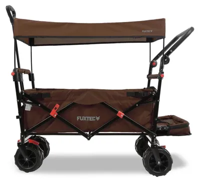Produktbild von FUXTEC Strand-Bollerwagen Braun FX-CTB800 - mit Dach | bis 75Kg | Offroad-Reifen | Klappbar | Innenraumverlängerung | 2 Sitzplätze| 120cm x 56cm x98cm Braun