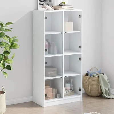 Produktbild von Vitrinenschrank Glasvitrine Bücherschrank mit Türen Mehrzweckschrank mit Glastüren Wohnzimmer Metallschrank Weiß 68 x 37 x 142 cm
