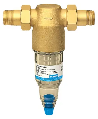A water filter with brass fittings and a clear plastic housing.