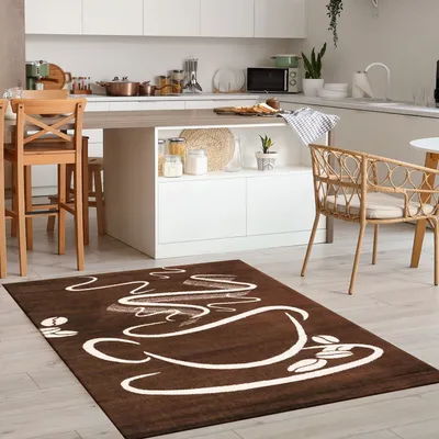 Produktbild von Küchenteppich Braun Trendiger Kaffee Teppich, Cappuccino Muster Tasse Kurzflor, Maße:80 x 150 cm
