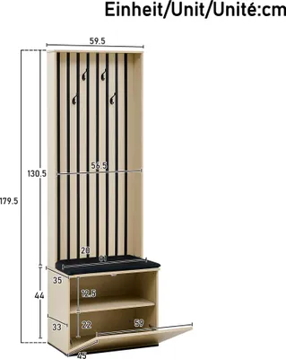 A diagram of a tall, narrow cabinet with hooks at the top, a bench in the middle, and shelves below, with dimensions indicated.