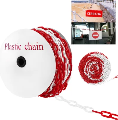 Produktbild von LZQ 50m Absperrkette Warnkette Plastikkette 6mm Kunststoffkette Sicherheit Plastik Baustellensicherungskette Rot Weiß Kunststoff Kette für Parkplatz Absperren