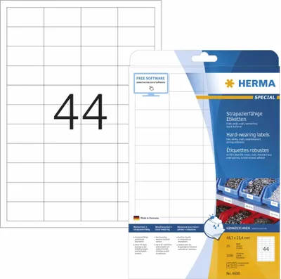 Immagine prodotto di HERMA Special - Opaco - autoadesivo permanente - bianco - 48,3 x 25,4 mm 1100 etichette (25 fogli x 44) etichette in pellicola