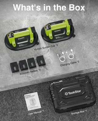 Immagine prodotto di Aspiratore a vuoto elettrico per vetro - Ventosa con ventose - 25 cm - Confezione da 2 - Display LED - 4 batterie ricaricabili da 3,0 Ah - Connessione USB-C - Capacità di sollevamento: 250 kg