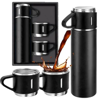 Produktbild von Thermoskanne Thermosflasche 500 ml mit 3 Bechern Edelstahl Geschenkset Schwarz