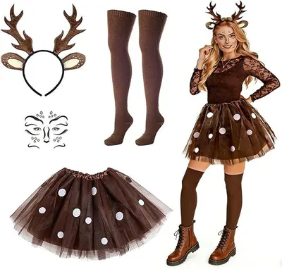 Produktbild von Reh Kostüm Damen, Karneval Kostüm Damen, Rentier Kostüm Erwachsene mit Tutu Rock, Reh Geweih Haarreif, Socken und Face Tattoo, Tierkostüm Damen