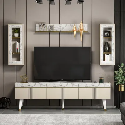 Immagine prodotto di HOMIDEA KARYA TV-Lowboard – Mobile TV moderno a 3 ante per il soggiorno, in beige/effetto marmo