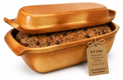Produktbild von KERAZO 3,5 Liter Brotbackform mit Deckel aus Steingut, 33×16×14 cm, Bräter, Auflaufform, Gratinform, Schmortopf, Brottopf – braun
