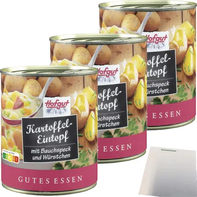 Produktbild von Hofgut Kartoffeleintopf mit Würstchen 3er Pack (3x800g Dose) + usy Block