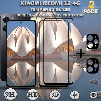 Produktbild von 2-Pack XIAOMI REDMI 12 4G Displayschutzfolie & 2-Pack Kameraschutz - Gehärtetes Glas 9H - Super Qualität 3D