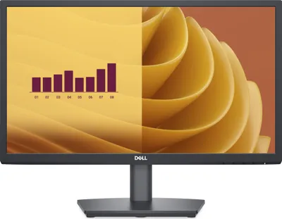 A Dell monitor displaying a bar graph on the left and an abstract design on the right.