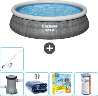 Produktbild von Bestway runder aufblasbarer Fast-Set-Pool – Rattan-Druck – 457 x 84 cm – inklusive Pumpe Sonnensegel - Wartungspaket - Filter - Reinigungskit