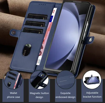 Produktbild von Hülle für Samsung Galaxy Z Fold 4, Kunstleder Brieftaschen Handyhülle mit Kartenfach und Standfunktion Blau
