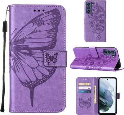 Produktbild von Galaxy S21 FE Hülle, Schmetterling Prägung Flip Leder Kartenfächer Schutzhülle Ledertasche mit Ständer für Samsung Galaxy S21 FE Violett