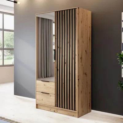 Produktbild von Kleiderschrank Stilo Eiche Artisan mit Spiegel & Lamellen – 105 cm, 2 Türen, 2 Schubladen, Modern