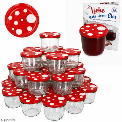 Produktbild von 100er Set Sturzglas 230 ml To 82 Fliegenpilz Deckel rot weiß gepunktet incl. Diamant Rezeptheft