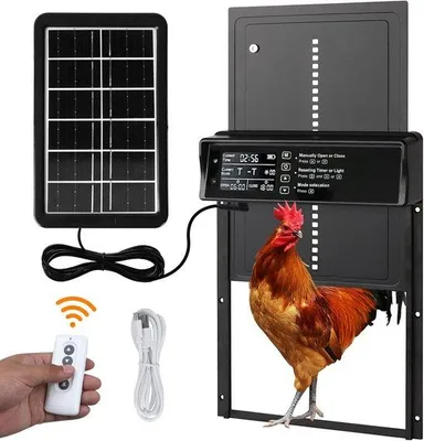 Zdjęcie produktu dla Automatyczny system do kurników – zasilanie słoneczne, zabezpieczenie przed przytrzaśnięciem, wyświetlacz LED, aluminium, odporny na warunki atmosferyczne, timer
