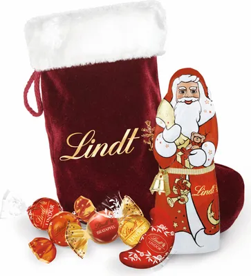 Produktbild von Lindt Santa Socke mit Weihnachtsmann Hohlfigur und Schokolade 250g