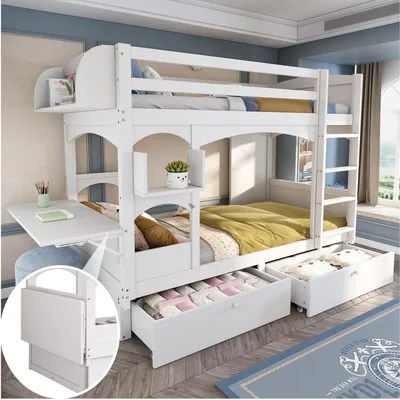 Immagine prodotto di MODFU Letto a castello 90x200, letto matrimoniale per bambini con scrivania ribaltabile, mensola, scaletta e 2 cassetti, struttura senza materasso, bianco