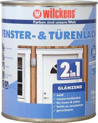 A can of Wilckens Fenster- & Türenlack (Window & Door Varnish) with a depiction of a house facade with a window and door.