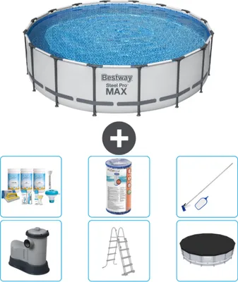 Produktbild von Bestway Round Steel Pro MAX Schwimmbad – 488 x 122 cm – Grau – inklusive Pumpe – Leiter – Abdeckung Wartungspaket - Filter - Reinigungskit
