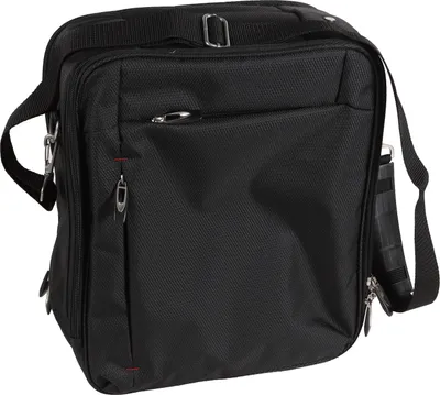 A black messenger bag is shown against a white background.