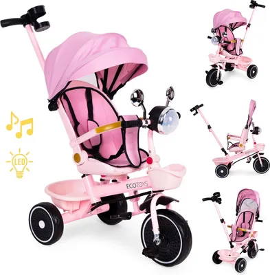 Image de Poussette tricycle rose pour enfants avec siège rotatif