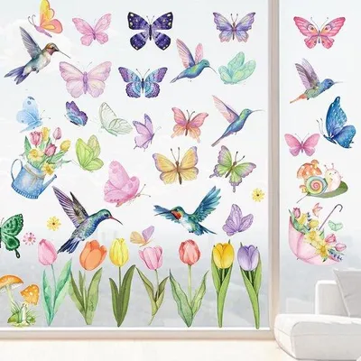 Immagine prodotto di Set di adesivi primaverili per finestre - fiori, farfalle, colibrì per porte in vetro
