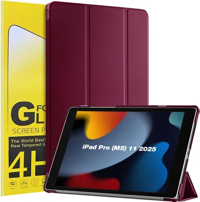 Produktbild von Schutzhülle + 2x 4H Displayfolie für Apple iPad Pro 8. Gen (M5) 2025 11 Zoll Cover Case Schutz Tablet Farbe: Weinrot