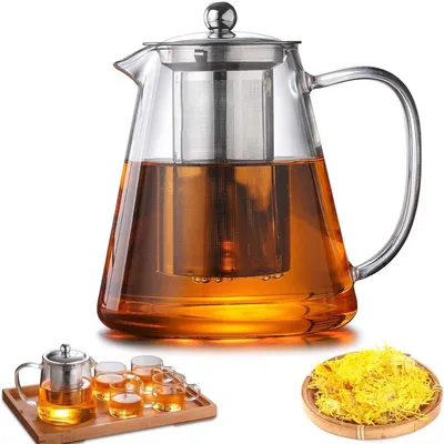 Produktbild von Teekanne, Glas Teebereiter mit Edelstahlsieb, Hochtemperaturbeständig, Glasteekanne für Tee Zitrone Ingwer Blume - 1300ml