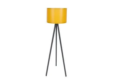 A yellow floor lamp with a tripod base is shown against a white background.