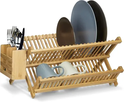 Productafbeelding van Afdruiprek CROSS met bestekmand 24x46x28 cm - Afwasrek bamboe klapbaar - Borden en kopjes - Naturel
