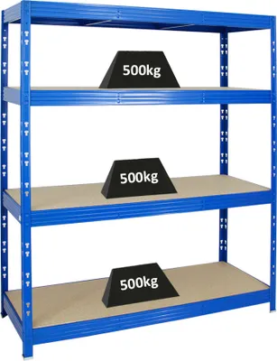 Produktbild von Profi Schwerlastregal RHINO | HxBxT 180x160x60cm | 4 Spanplatten-Ebenen 8mm | Fachlast 500kg | Blau