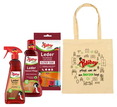 Produktbild von Poliboy Leder Pflege Set 575ml - verschiedene Pflegeprodukte inkl. Baumwollbeutel