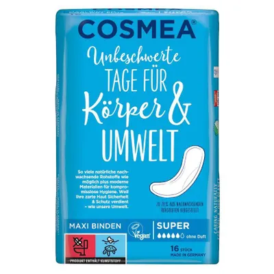 Produktbild von Cosmea Maxi Binden Super ohne Duft Vorteilspack (12 x 16 Stück), Hygiene-Einlagen aus nachwachsenden Rohstoffen. Damen-Hygiene im Einklang mit der Natur