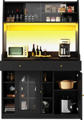 Produktbild von okwish Vitrine mit Platten für Küche und Wohnzimmer,Buffetschrank mit Verstellbaren Ablagen und 2 Schubladen,Sideboard mit LED-Beleuchtung,Variable Lichtfarben,schwarz