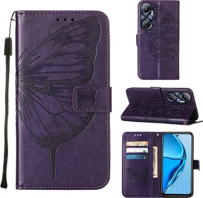 Produktbild von Infinix Hot 20 4G Hülle, Schmetterling Prägung Flip Leder Kartenfächer Schutzhülle Ledertasche mit Ständer für Infinix Hot 20 4G Lila