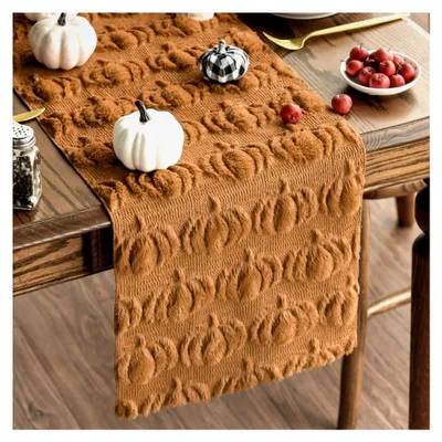 Produktbild von Weicher Plüsch Samt Faux Pelz Jacquard Kürbisse Herbst Tischläufer, Küchentisch Dekoration für Feiertage und Partys 33x153 cm