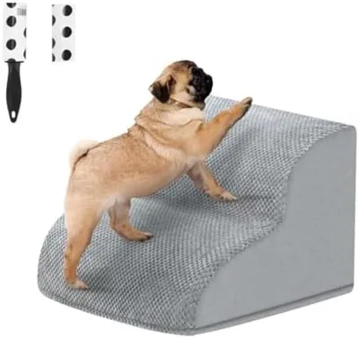 Produktbild von PolkaHome® Hundetreppe, 2 Stufen, Antirutsch-Haustiertreppe mit waschbarem Bezug und Tierhaarentferner, Grau - Ideal für Sofas und Betten
