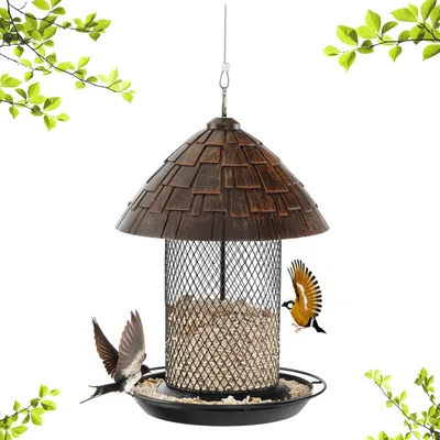 Image de COSTWAY Mangeoire pour oiseaux à suspendre, Distributeur de nourriture pour oiseaux en métal avec perchoir, Mangeoire pour oiseaux sauvages pour jardin, balcon