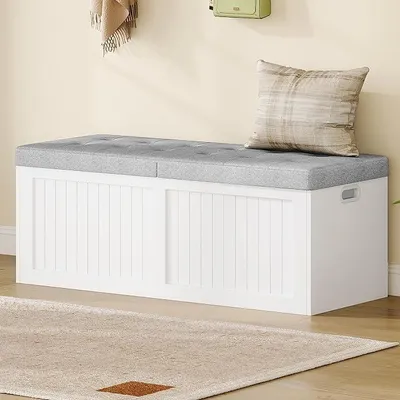 Imagen del producto de Zapatero con espacio de almacenamiento, 109 cm, con cojín de lino, color blanco y gris