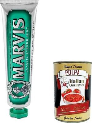 A tube of Marvis toothpaste and a can of chopped tomatoes are shown side-by-side against a white background.